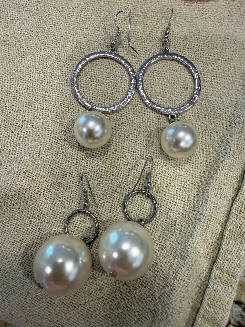 Faux white pearl silver tone hoop earring set of 2 pairs